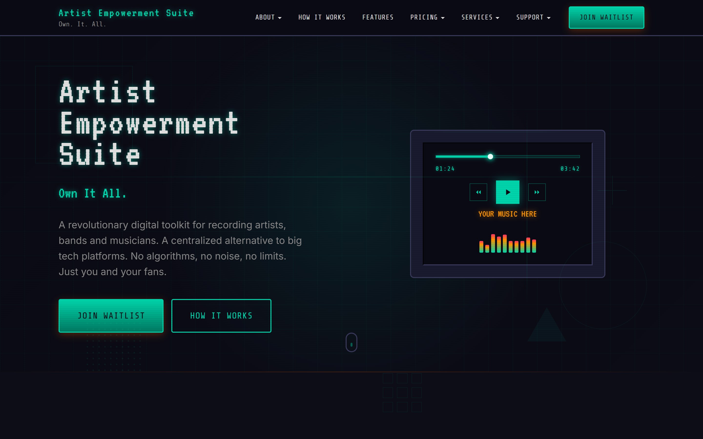 Artist Empowerment Suite website, designed and developed by chadworks -- desktop view