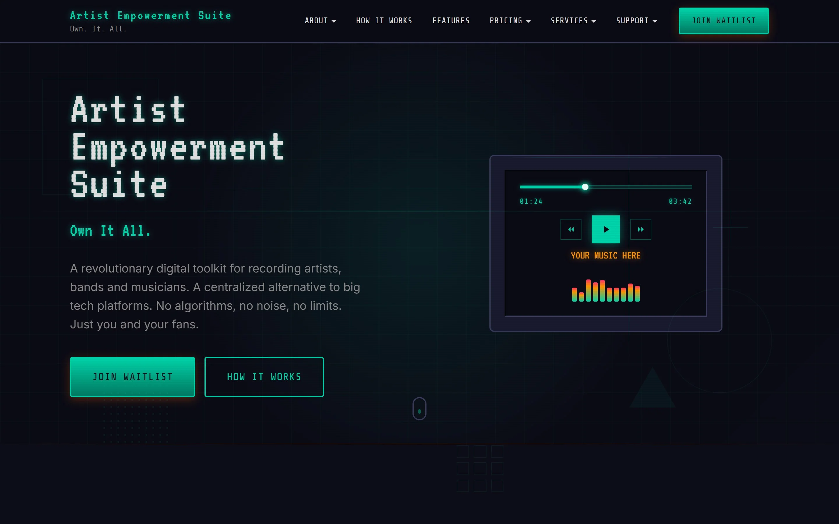Artist Empowerment Suite website, designed and developed by chadworks -- desktop view