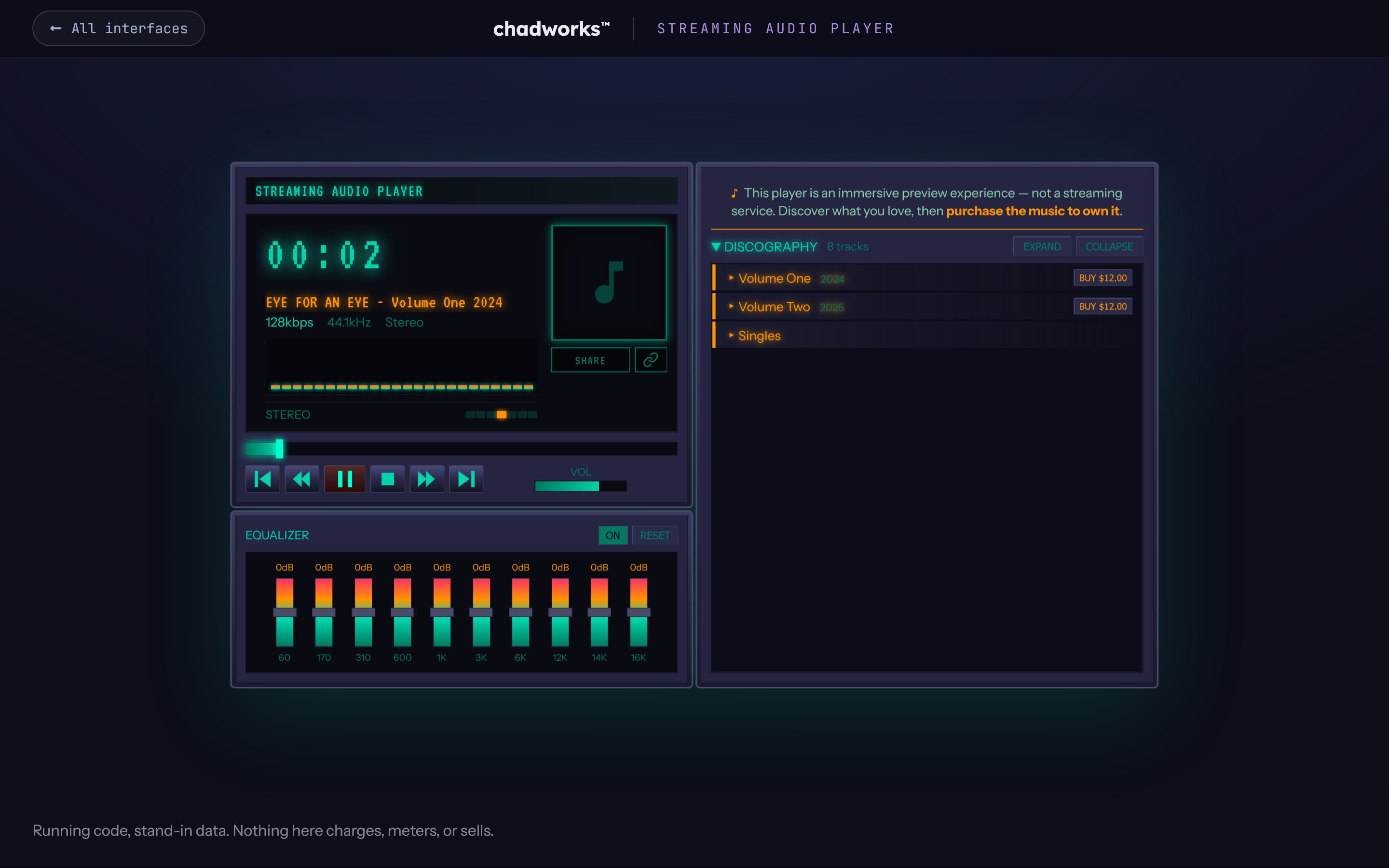 Streaming Audio Player interface example, designed and developed by chadworks -- desktop view