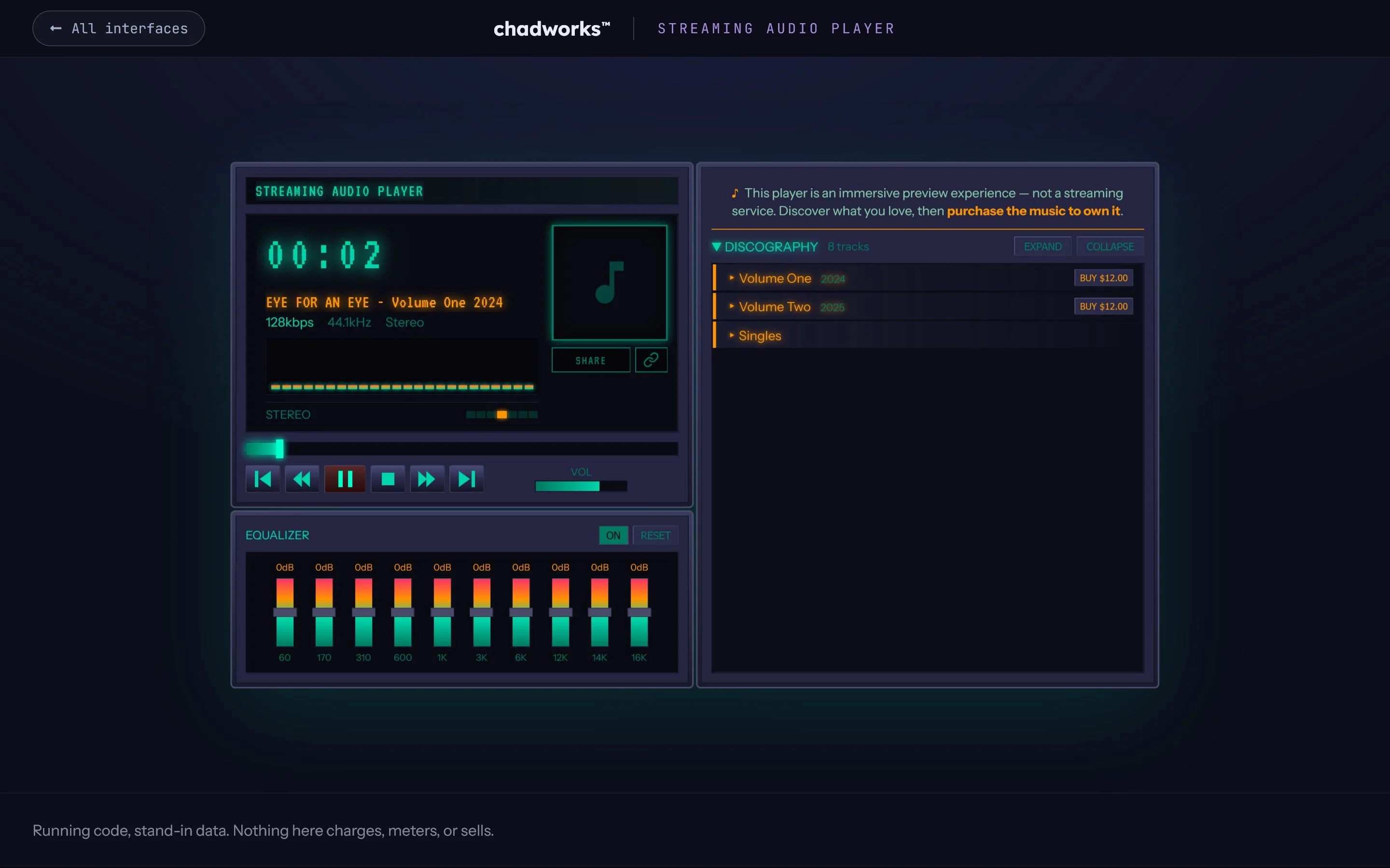 Streaming Audio Player interface example, designed and developed by chadworks -- desktop view
