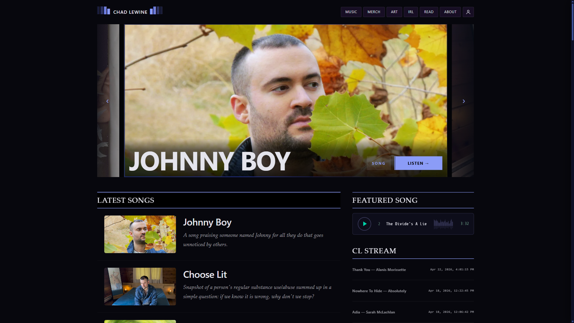 chadlewine.com, a custom-coded musician website
