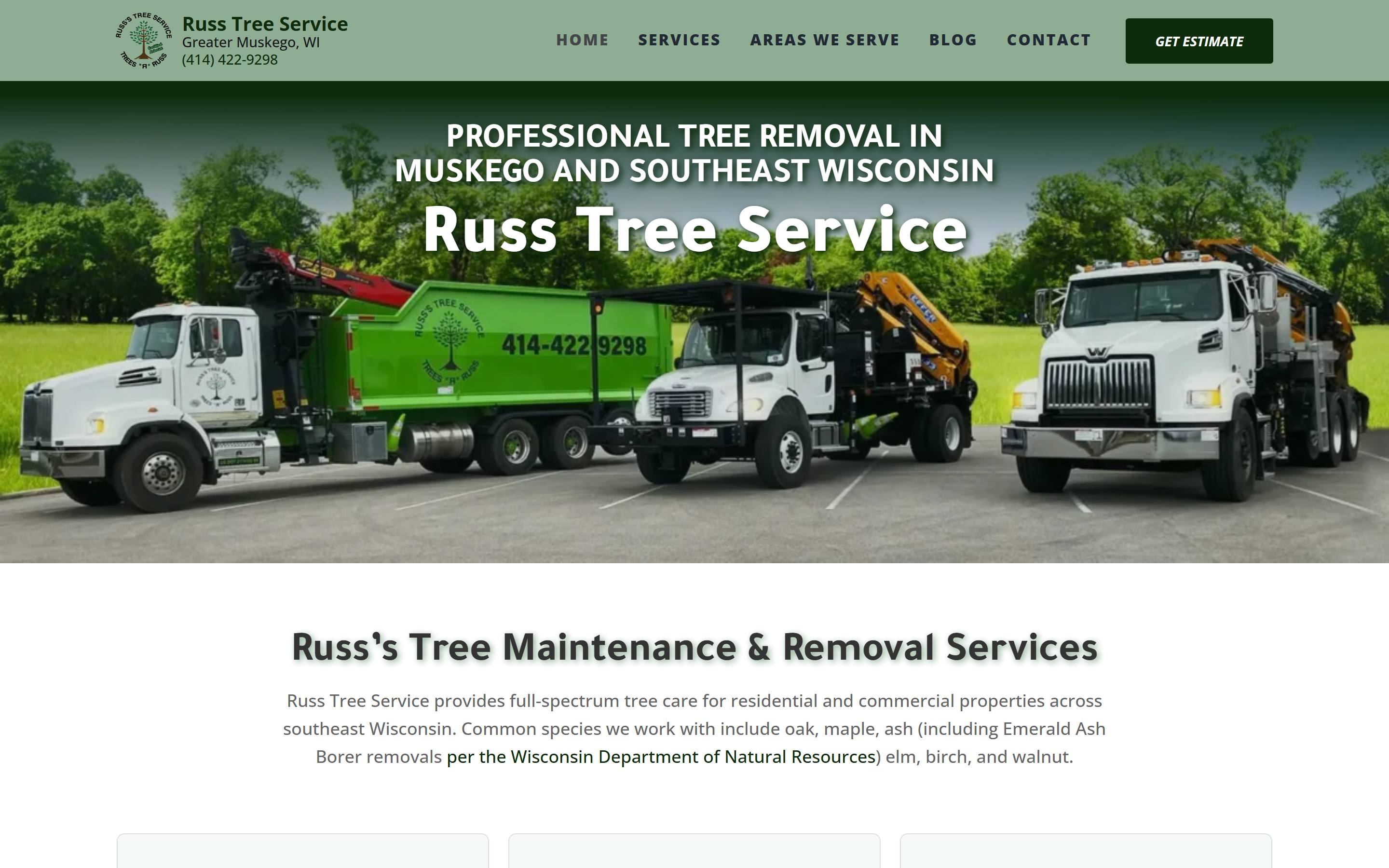 Russ Tree Service website, designed and developed by chadworks -- desktop view