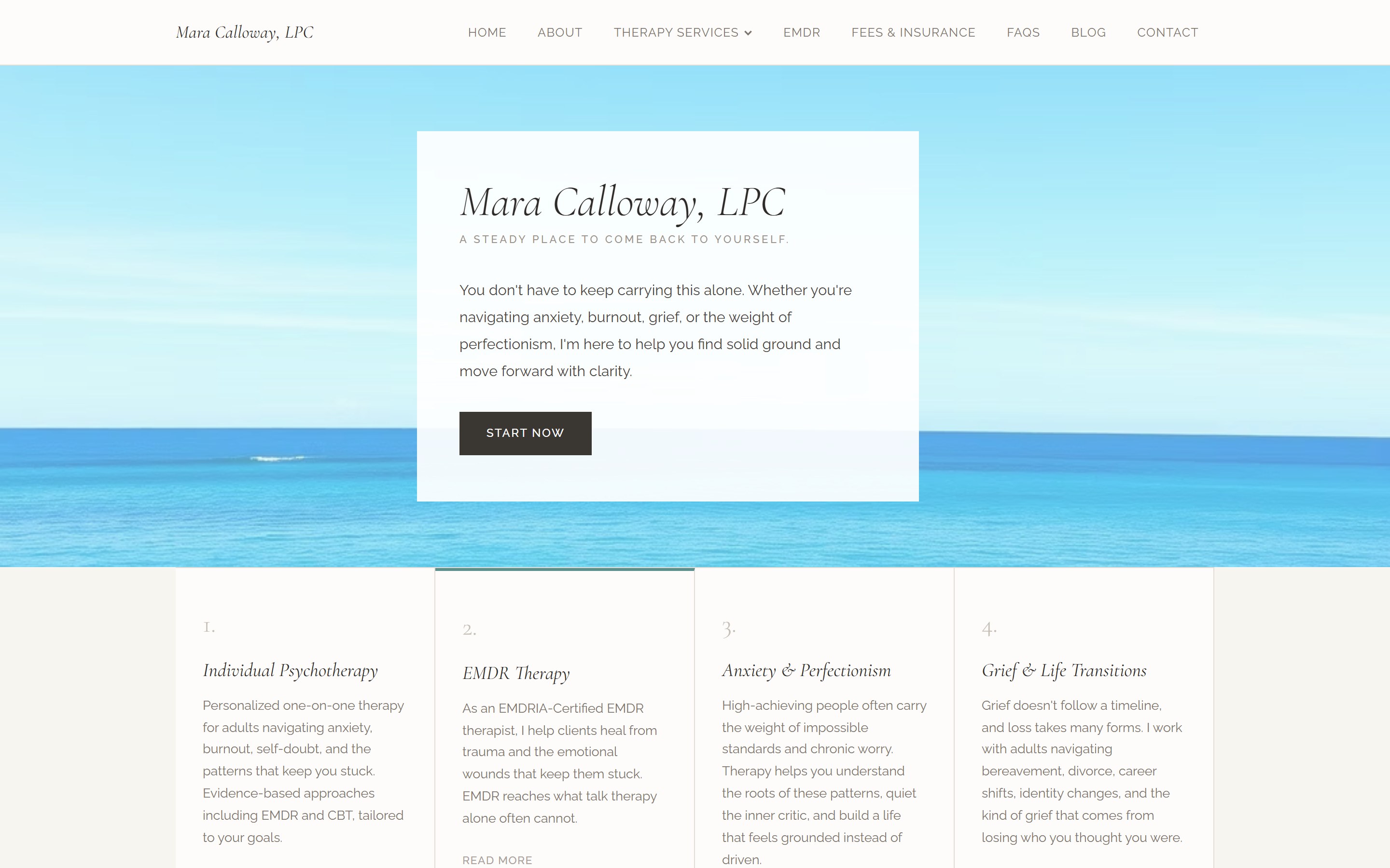 Mara Calloway, LPC therapy website, designed and developed by chadworks -- desktop view