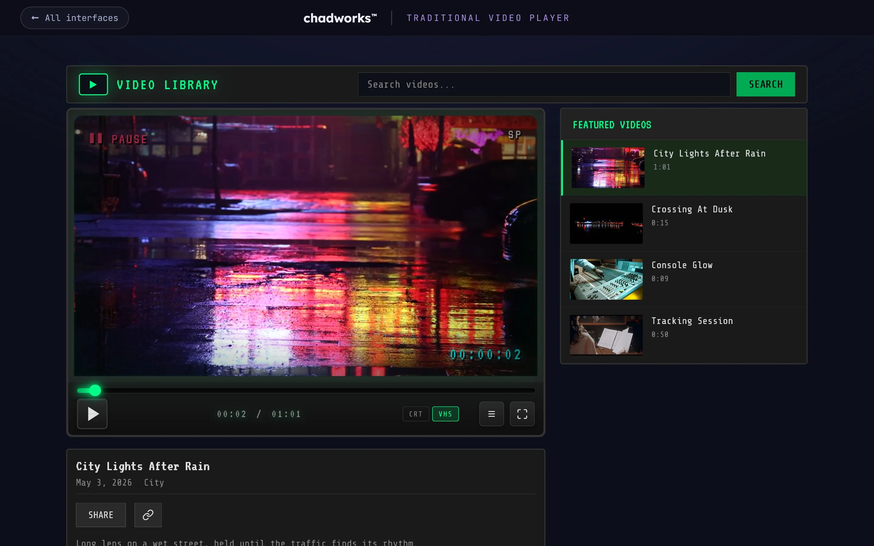 Traditional Video Player interface example, designed and developed by chadworks -- desktop view